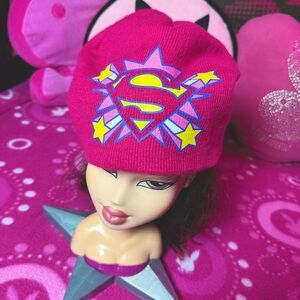 Girls Hot Pink Superman Supergirl Beanie
